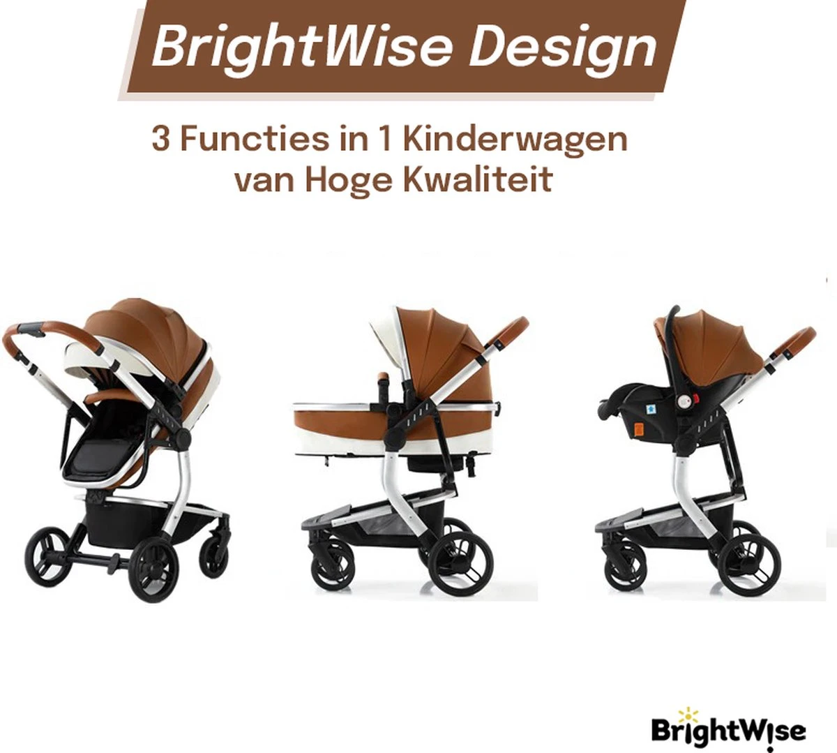 Merkloos BrightWise® Luxe Kinderwagen 3 In 1 Voldoet Aan Alle Europese Veiligheidscertificaten - Wandelwagen - Kinderwagen 3-in-1 Incl Autostoel - Kinderwagen Maxi Cosi – Buggy 3 In 1 - Newborn - Leer - Bruin 7 Merkloos BrightWise® Luxe Kinderwagen 3 In 1 Voldoet Aan Alle Europese Veiligheidscertificaten - Wandelwagen - Kinderwagen 3-in-1 Incl Autostoel - Kinderwagen Maxi Cosi – Buggy 3 In 1 - Newborn - Leer - Bruin - Afbeelding 5