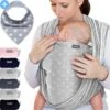 Makimaja Baby Sling - Licht Grijs Met Sterren - Hoge Kwaliteit 100% Natuurlijk Katoen Baby Sling - Baby Sling Pasgeborene En Baby's Tot 15 Kg - Plus Inclusief: Baby Slabbetje