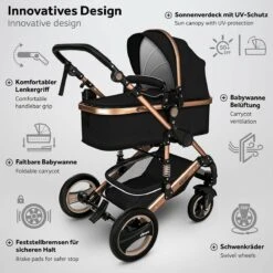KIDUKU- 3 In 1 Combi-kinderwagen- Zwart/goud- Buggy Incl. Autostoeltje-regenhoes- Inklapbaar -Auto Zit Verkoop 1200x1200 1573