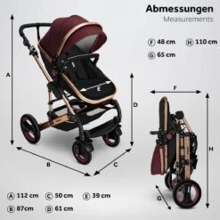 KIDUKU- 3 In 1 Combi-kinderwagen- Bordeaux- Zwart-goud- Buggy Incl. Autostoeltje-regenhoes- Inklapbaar -Auto Zit Verkoop 1200x1200 1625