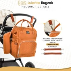 NanaBeebi Luiertas Rugzak Met Verschoonmatje - Cognac - Inclusief Flessenwarmhouder - Kinderwagenhaken En Isoleervak -Auto Zit Verkoop 1200x1200 331