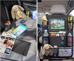 Merkloos Autostoel Organizer + Opvouwbare Mini Prullenbak Bundel - Musthave Voor Uw Autovakantie! - IPad/Tablet Houder - Opvouwbaar - Inklapbaar - Rugleuning - Auto Opbergsysteem - Kinderen - Waterafstotend - Prullenmand - Licht - Opberg - Universeel - Handig -Auto Zit Verkoop 1200x986
